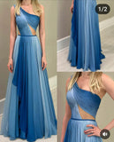 Modest A line One Shoulder Chiffon Multi Ombre Color Blue Senior Prom Dresses Long Formal Party Gowns HZ0311