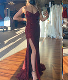 Classy Mermaid Spaghetti Straps Burgundy Sequins Inspo For Women Girls Formal Party Gowns Long Prom Dresses HZ0311