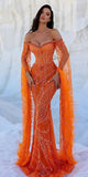 Mermaid Off The Shoulder Orange Sequin Prom Dress Women Long Formal Dance Party Gowns HZ0311