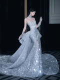 Modest Mermaid Strapless Silver Sequin Prom Dresses Inspo For Teens Formal Dress Party Outfits Prom Gowns HZ0311