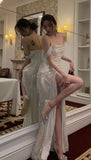 Shiny Off The Shoulder Prom Dresses, Long Evening Formal Gown With High Slit Party Gowns HZ0311