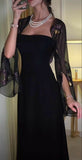 Women's Cocktail Party Gowns 90s Sheath Black Chiffon With Cape Long Graduation Dinner Outfits Prom Dresses HZ0311
