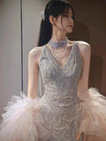 Glittery Sheath V Neck Sleeveless With Cape Tulle Slit Prom Dresses Inspiration Long Night Outfits 18th Birthday Outfits HZ0311