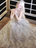 Glittery Ball Gown Spaghetti Straps Silver Gray Sequins Prom Dresses Inspiration Long Night Outfits 18th Birthday Outfits HZ0311
