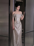 Glittery Sheath Off The Shoulder With Sleeves Sequins Prom Dresses Inspiration Long Night Outfits 18th Birthday Outfits HZ0311