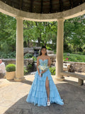Blue Chiffon Tiered A Line Prom Dresses Long for Women Corset Ruffle Side Slit Formal Evening Gown HZ0311