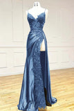 Classy Spaghetti Straps Mermaid Wine Red V Neck Satin Lace Long Prom Dresses Formal Dress HZ0311