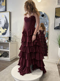 Classy A Line Spaghetti Strap Burgundy Chiffon Long Prom Dress Aesthetic For Teens Formal Dress Party Outfits Prom Gown HZ0311