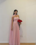 Simple A line Strapless Pink Chiffon With Scarf Ruched Long Evening Prom Dresses Wedding Guest Dress HZ0311
