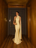 Classy Mermaid One Shoulder Slim Yellow Long Formal Fancy Prom Evening Dresses Dinner Outfits Classy Party Gown HZ0311