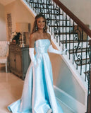 Modest A line Strapless Light Sky Blue Satin With Pearls Inspo Formal Party Gowns Long Prom Dresses HZ0311