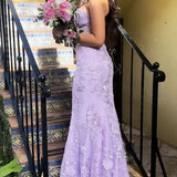 Classy Mermaid Strapless Tulle Lace Appliques Purple formal dresses Evening Prom Dresses HZ0311