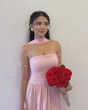 Simple A line Strapless Pink Chiffon With Scarf Ruched Long Evening Prom Dresses Wedding Guest Dress HZ0311