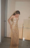 Gorgeous Mermaid Sweetheart Prom Dresses Gold Sequin Beaded Crystals Long Formal Evening Party Gown HZ0311