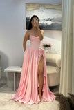 Gorgeous Baby Pink Sweetheart Satin Prom Dresses Sleeveless High Slit Gem With Pleats Vestidos De Dia HZ0311