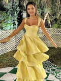 Yellow Printing Yellow Satin A-Line Tiered Sleeveless Long Prom Formal Dress Vestidos De Dia HZ0311