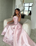 Women Elegant Pink A-Line Strapless Satin Party Dress with Appliques and Detachable Train Evening Gowns HZ0311