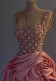 Women Square Straps Floral Beaded Ruched A-Line Prom Dresses Evening Gowns HZ0311