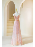 Cute A Line Spaghetti Straps Pink Sequin Long Prom Dresses Impress 19th Birthday Outfits Prom Gown HZ0311