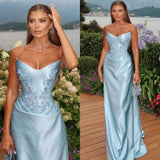 Mermaid Strapless Blue Satin With Appliqueds Lace Long Prom Dresses For Women HZ0311