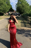 Vintage Mermaid Halter Red Satin For Women Party Dresses Long Formal Prom Dresses 22th Birthday Gown HZ0311