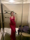Modest Mermaid V Neckline Marine Ball Dresses Long Formal Gowns Hot Pink Satin Prom Dresses Evening Gowns HZ0311