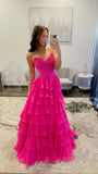 Unique Ball Gown Sweetheart Hot Pink Chiffon Layers Long Evening Dresses Long Prom Dress HZ0311