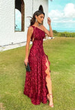 Elegant A Line One Shoulder Red Lace Prom Evening Dresses with Slit Vestidos De Dia HZ0311
