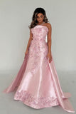 Women Elegant Pink A-Line Strapless Satin Party Dress with Appliques and Detachable Train Evening Gowns HZ0311