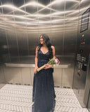 Modest A line V Neck Navy Blue Sequin Inspo Formal Party Gowns Long Prom Dresses HZ0311