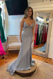 Modest Mermaid Halter Silver Gray With Beadings Inspo Formal Party Gowns Long Prom Dresses HZ0311