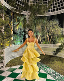 Pastel Yellow Ruffle Tiered A-Line Long Party Prom Dress HZ0427