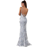 Elegant Mermaid Halter Sleeveless Navy Blue With Lace Long Sequins Backless Prom Dresses Vestidos De Dia HZ0311