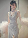 Glittery Sheath V Neck Sleeveless With Cape Tulle Slit Prom Dresses Inspiration Long Night Outfits 18th Birthday Outfits HZ0311