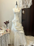 Charming Women's Mermaid Strapless Sleeveless White Tulle Pleated With Flowers Long Wedding Dresses HZ0311