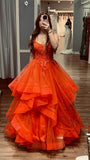 Cute Ball Gown V Neck Orange Lace Long Prom Dresses Formal Party Gown Inspo Evening Outfit HZ0311