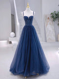 Modest A line Spaghetti Straps Navy Blue Tulle With Silver Beads Prom Dresses Long Party Dress Evening Dresses HZ0311