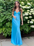 Blue Mermaid V-neck Beaded Back Tie Long Prom Dress Party Dresses For Women HZ0311