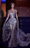 Glitter Mermaid Off The Shoulder Silver Beaded Slit Long Prom Dresses With Lace Inspiration Evening Gowns For Women Formal Party Dress HZ0311