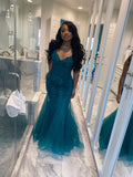 Dark Green Mermaid Tulle Lace Prom Dress Winter Gown Semi Formal Grad Long Prom Dress For Teens HZ0311