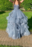 Modest Ball Gown Spaghetti Straps Blue Tulle Long Prom Dress Evening Formal Gowns HZ0311