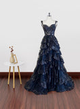 Sparkly Sleeveless Spaghetti Straps Sequins Ball Gown Navy Blue Prom Dresses HZ0311