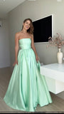 Chic A line Strapless Mint Green Satin Basque Waist Sleeveless Evening Formal Prom Dresses HZ0311