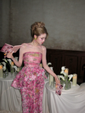 Modest Mermaid Hot Pink Strapless Floral Prom Dress Aesthetic Long Graduation Dance Evening Outfits HZ0311