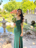 Modest Mermaid Spaghetti Strap Dark Emerald Green With Slit Satin Long Prom Dresses Inspo Prom Gowns HZ0311