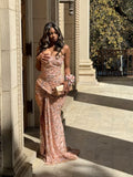 Sexy Mermaid Strapless Pink With Slit Long Prom Dress With Beaded Bodice Evening Dresses HZ0311