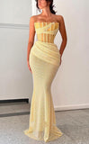 Modest Mermaid Strapless Sequins Yellow Inspo Formal Party Gowns Long Prom Dresses HZ0311