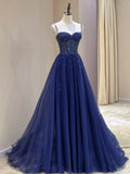 Modest A line Spaghetti Straps Navy Blue Tulle With Silver Beads Prom Dresses Long Party Dress Evening Dresses HZ0311