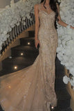 Chic Mermaid Spaghetti Strap Champagne Tulle Lace Sleeveless Long Party Formal Women Prom Dresses HZ0311