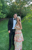 Elegant Spaghetti Straps Floral Print Ruffles Long Prom Dress Party Gowns HZ0311